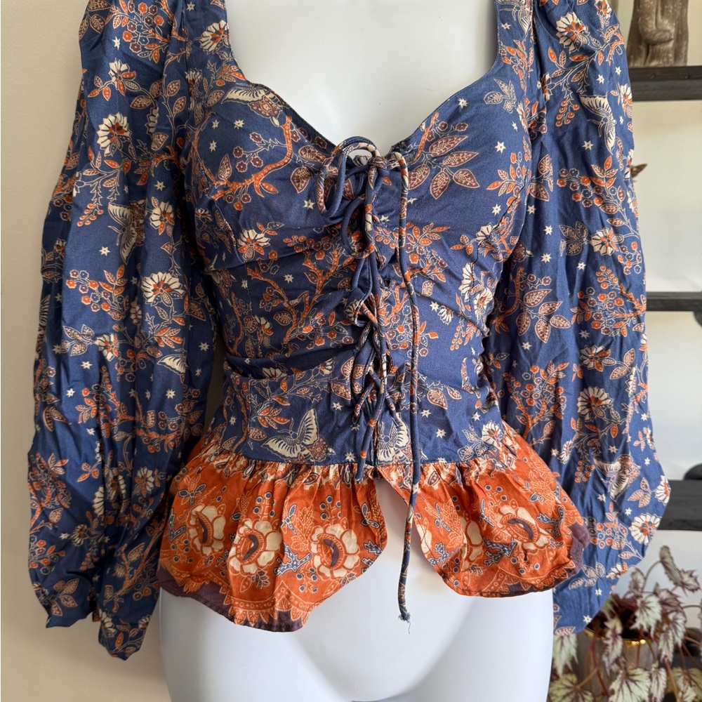 House of Harlow 1960 Blue and Orange Puff Sleeve Peplum Blouse